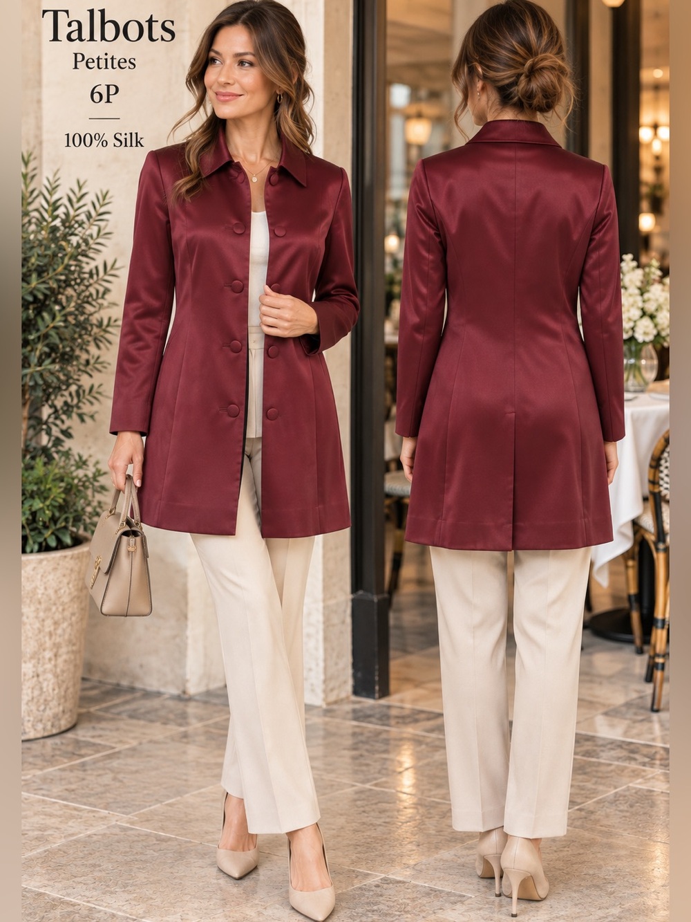 Talbots Petites Pure Silk Jacket sz 6P Deep Wine Burgundy Satin Evening elegant